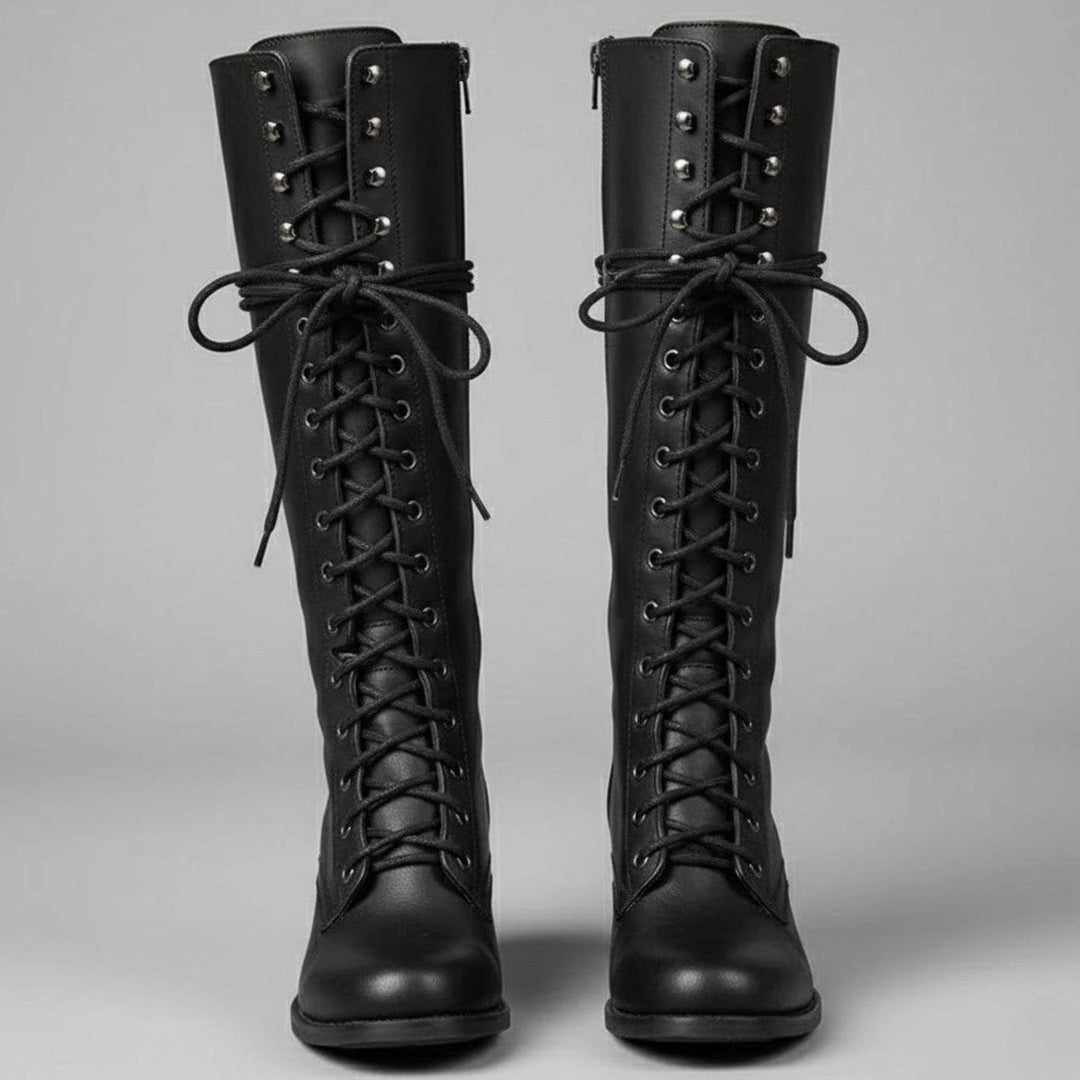 Women's Lace-Up Block Heel Studded Knee-High Boots - Black