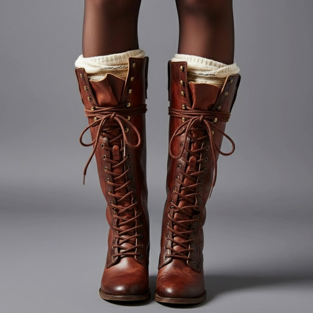 Women's Lace-Up Block Heel Studded Knee-High Boots - Red Brown