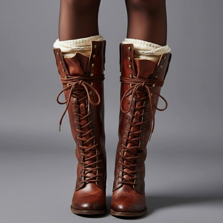 Women's Lace-Up Block Heel Studded Knee-High Boots - Red Brown