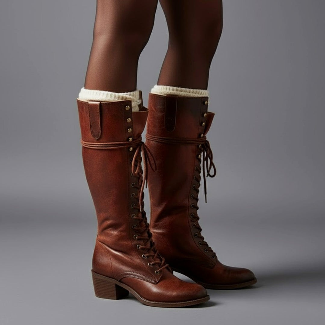 Women's Lace-Up Block Heel Studded Knee-High Boots