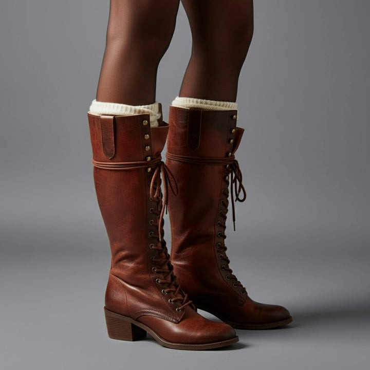 Women's Lace-Up Block Heel Studded Knee-High Boots