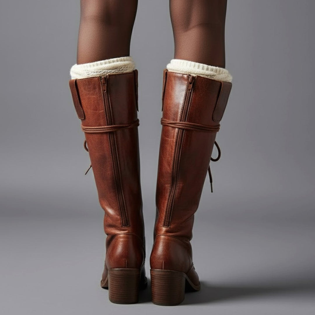Women's Lace-Up Block Heel Studded Knee-High Boots