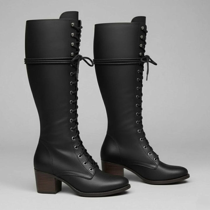 Women's Lace-Up Block Heel Studded Knee-High Boots