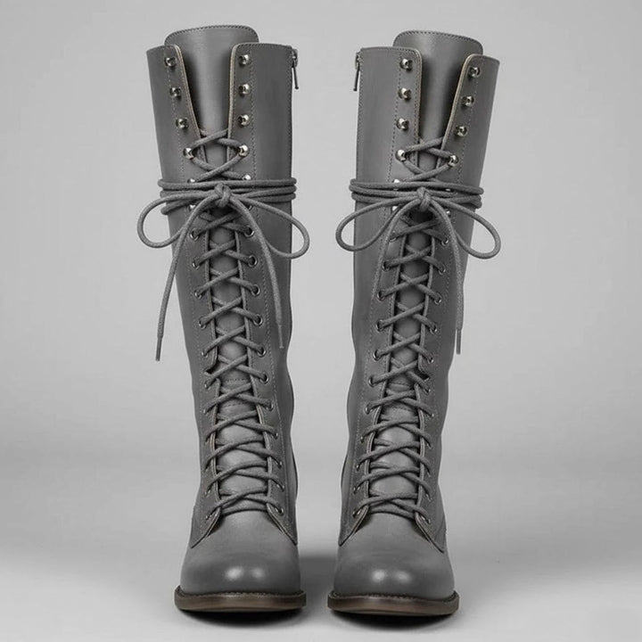 Women's Lace-Up Block Heel Studded Knee-High Boots