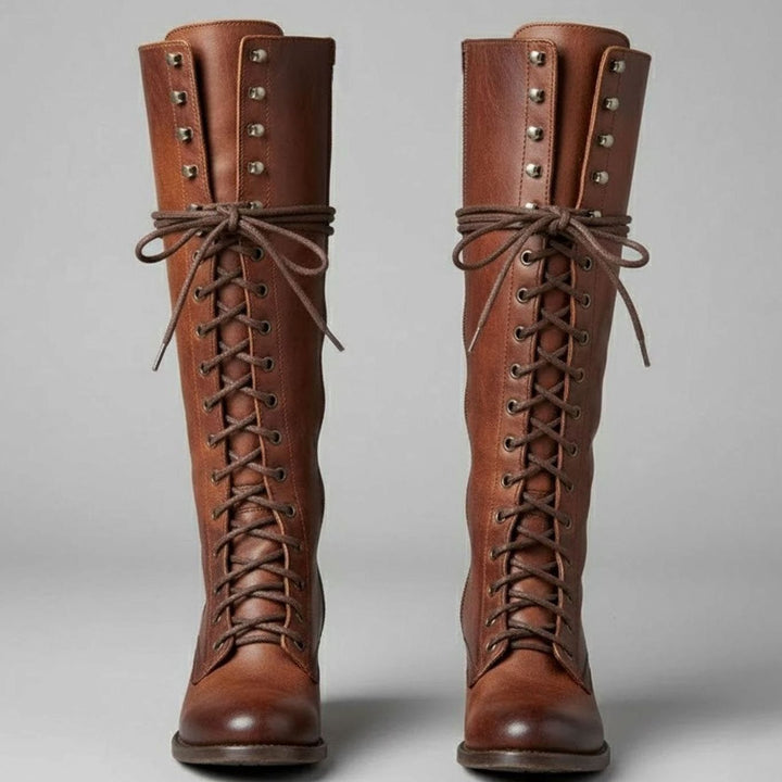 Women's Lace-Up Block Heel Studded Knee-High Boots - Brown