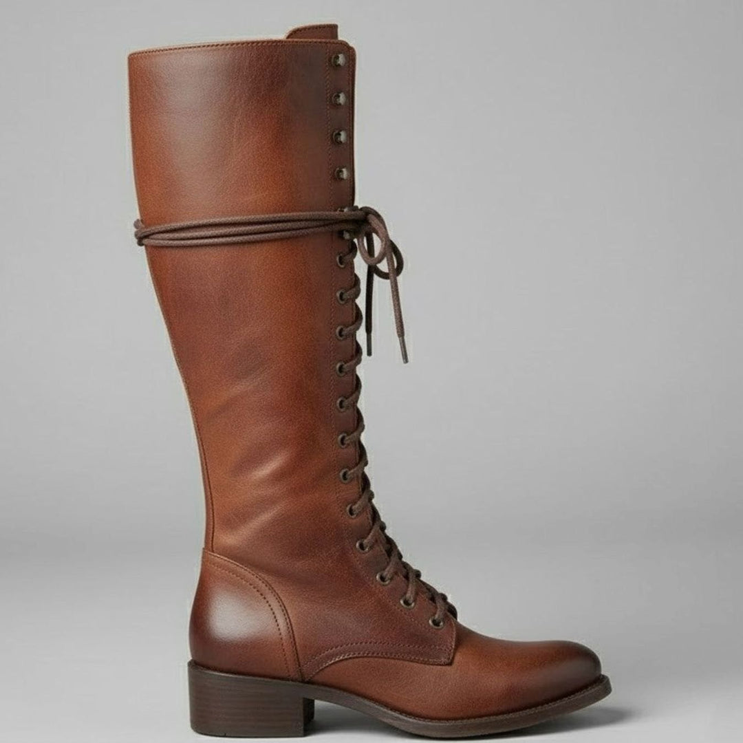 Women's Lace-Up Block Heel Studded Knee-High Boots