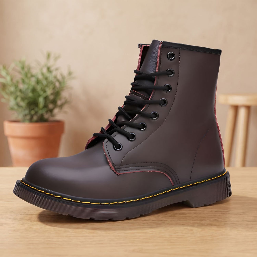 Women's Lace-Up Combat Boots Ankle Height Faux Leather - Brown