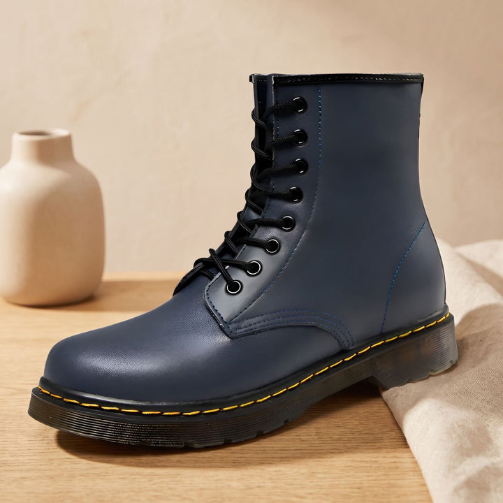 Women's Lace-Up Combat Boots Ankle Height Faux Leather - Blue