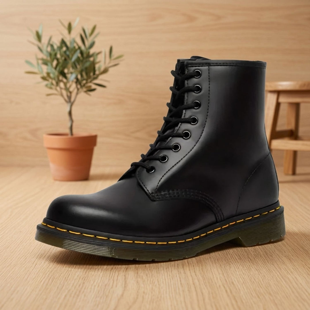 Women's Lace-Up Combat Boots Ankle Height Faux Leather - Black
