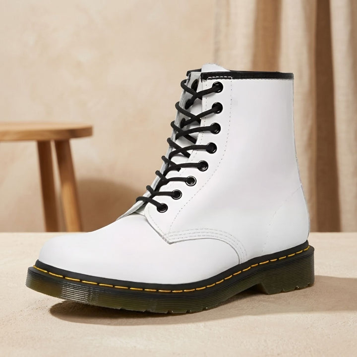 Women's Lace-Up Combat Boots Ankle Height Faux Leather - White