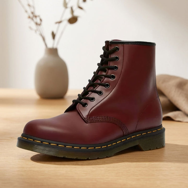 Women's Lace-Up Combat Boots Ankle Height Faux Leather - Red