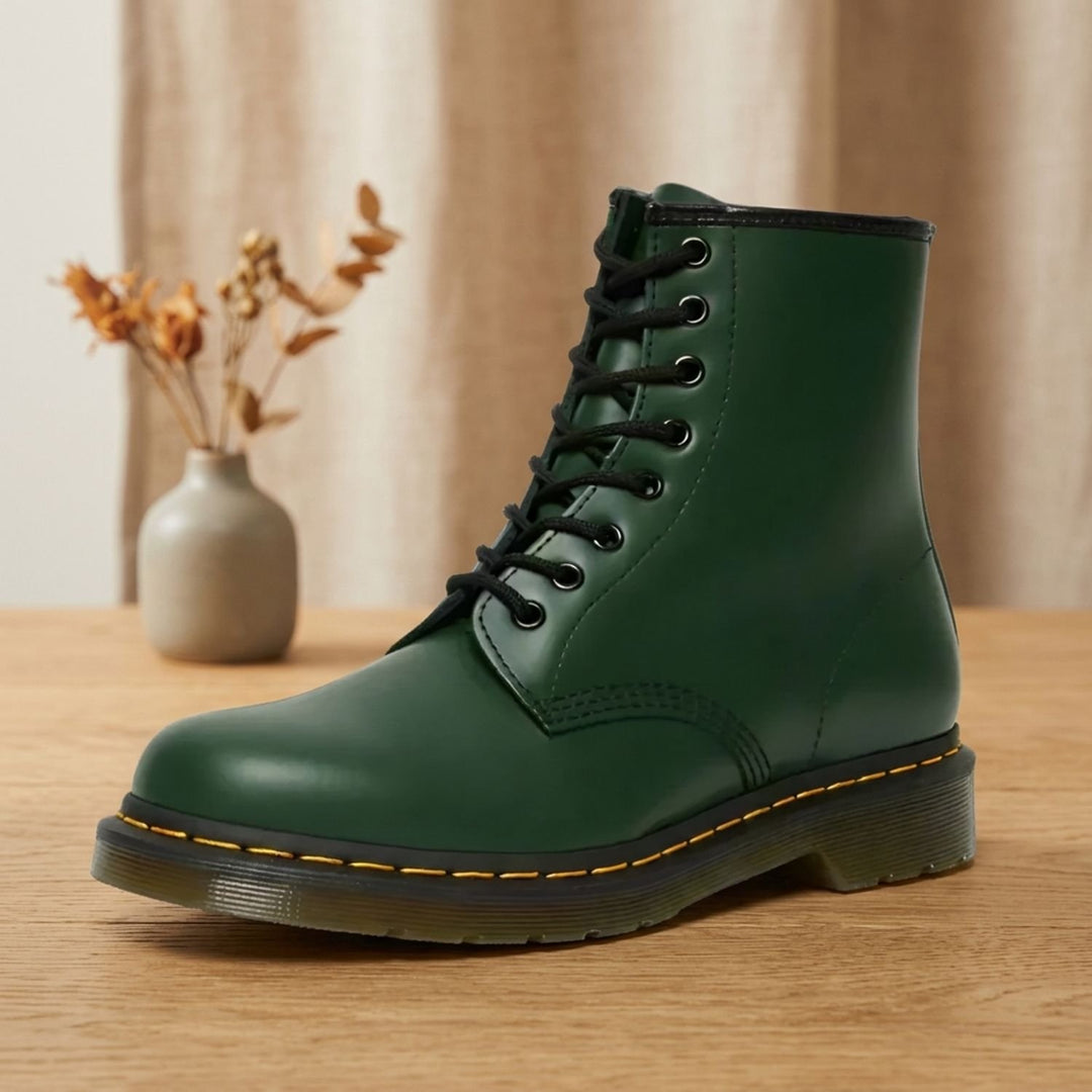 Women's Lace-Up Combat Boots Ankle Height Faux Leather - Green