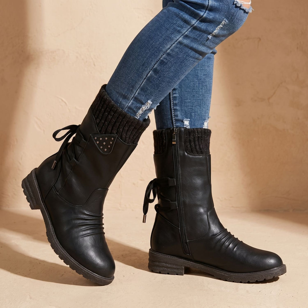 Women's Lace-Up Knit-Cuff Chelsea Ankle Boots - Black