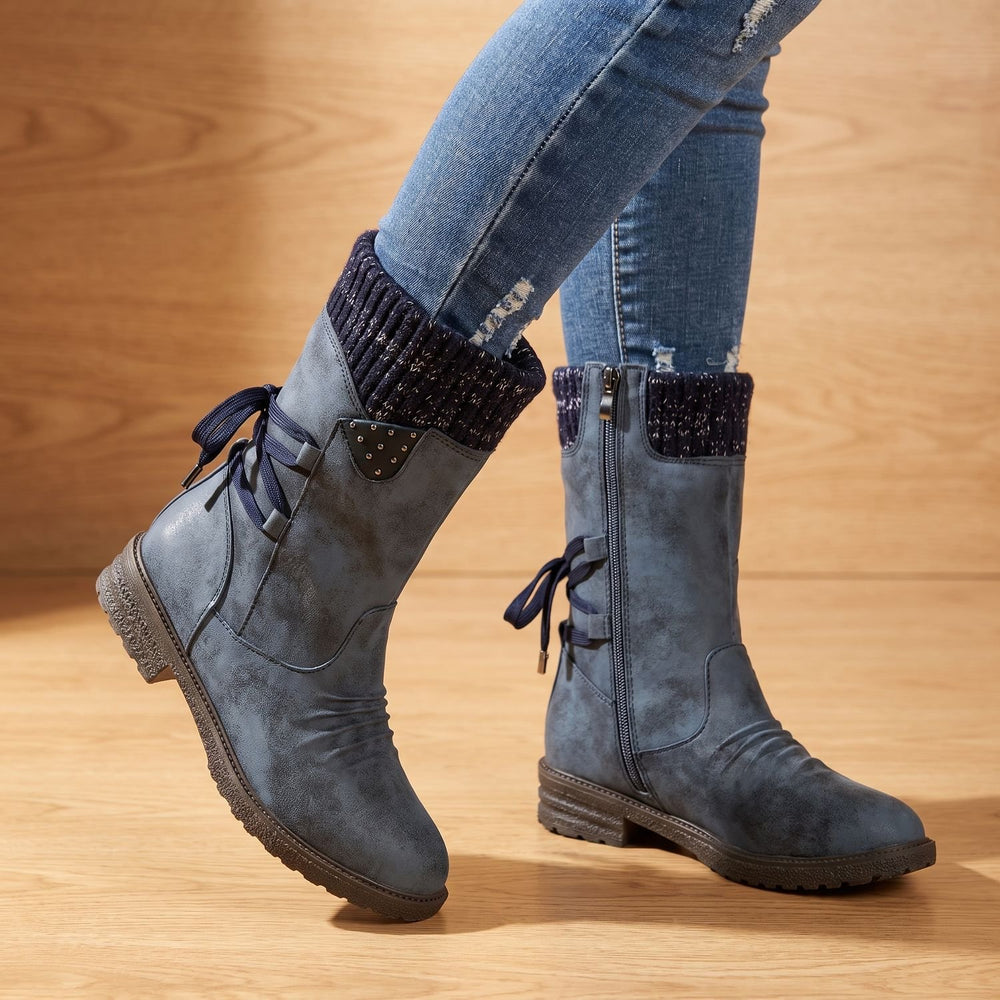 Women's Lace-Up Knit-Cuff Chelsea Ankle Boots - Blue
