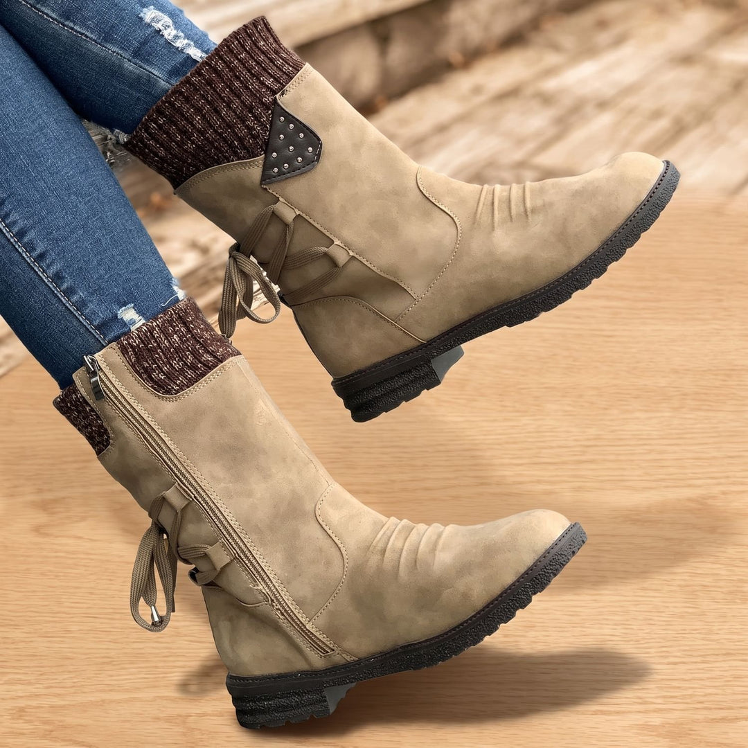 Women's Lace-Up Knit-Cuff Chelsea Ankle Boots - Khaki