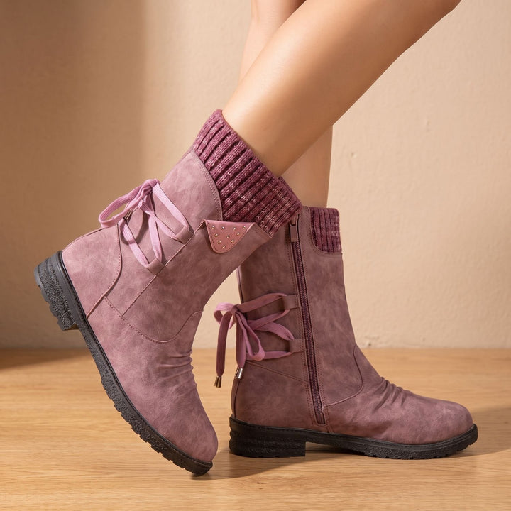 Women's Lace-Up Knit-Cuff Chelsea Ankle Boots - Purple