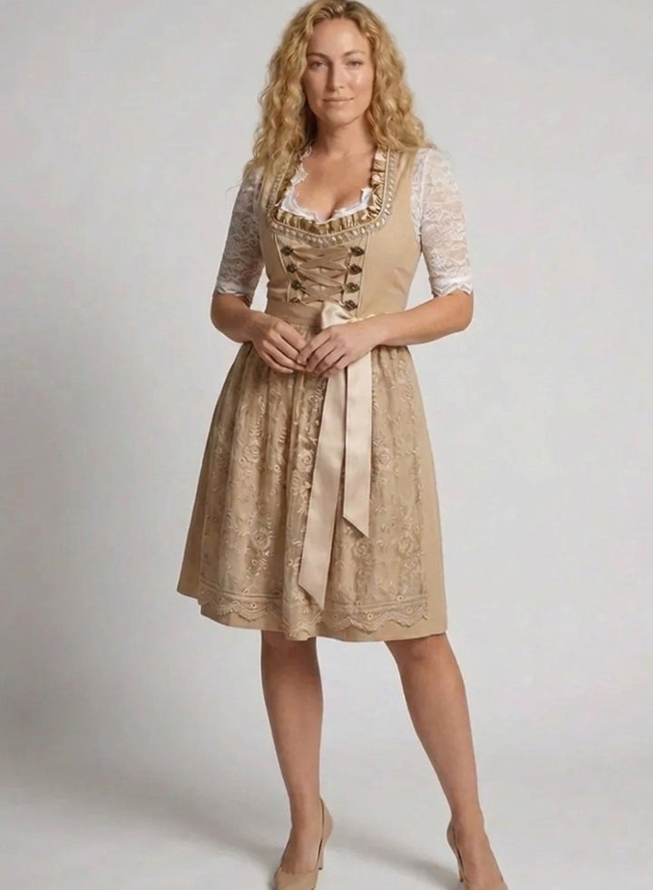 Women's Lace-Up Lace-Blouse Knee-Length Dirndl Dress - Beige