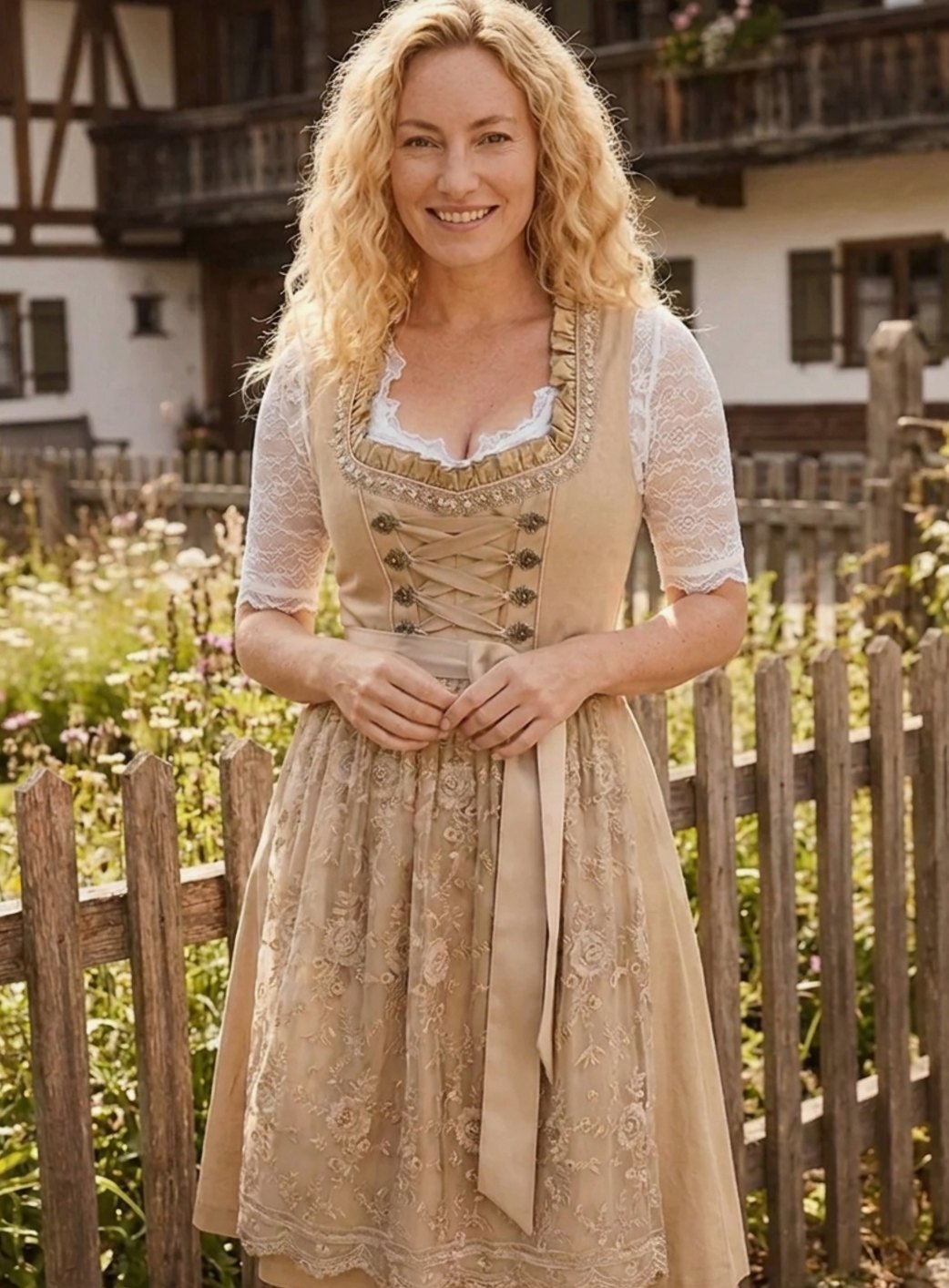 Women's Lace-Up Lace-Blouse Knee-Length Dirndl Dress