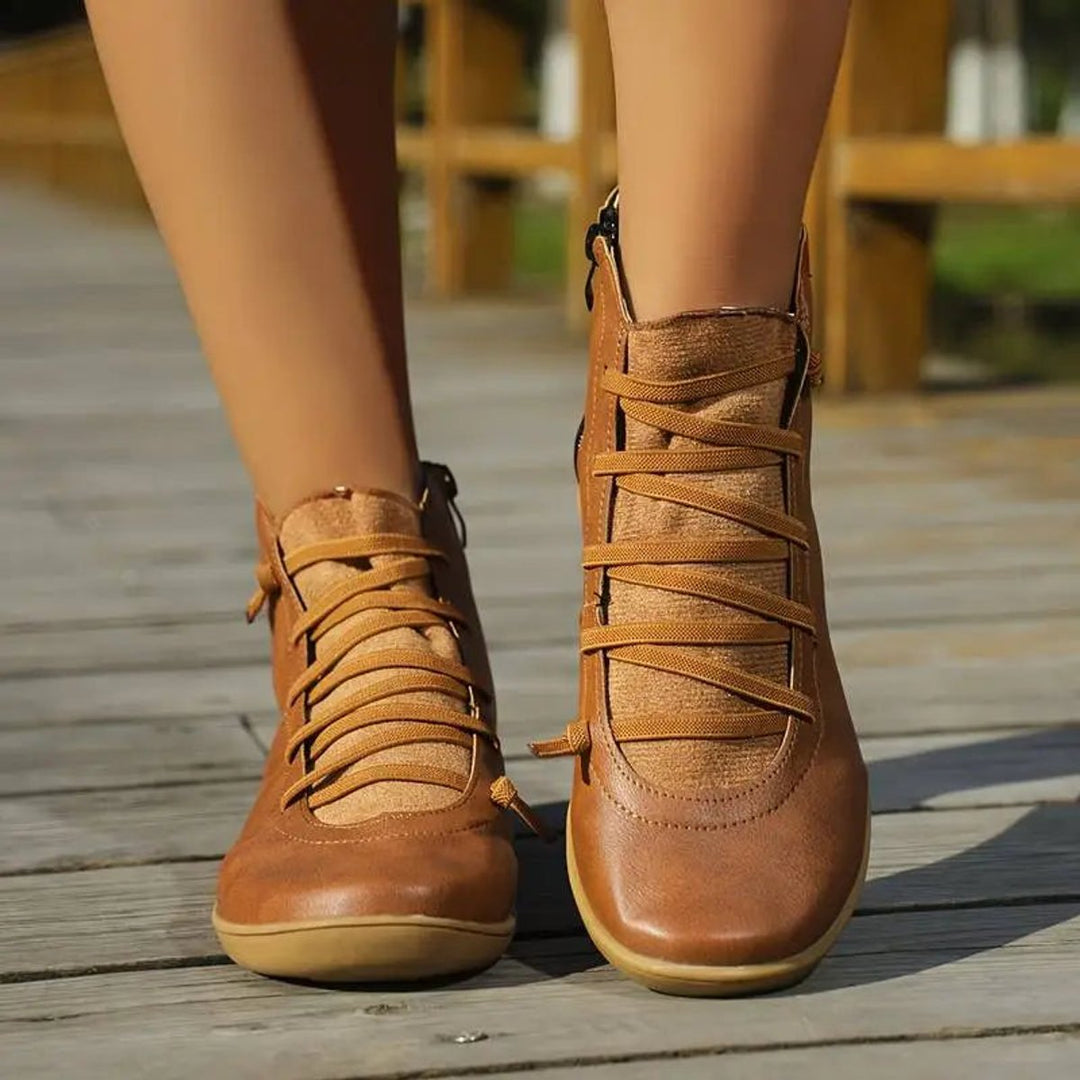 Women's Lace-Up Side-Zip Flat Leather ankle boots
