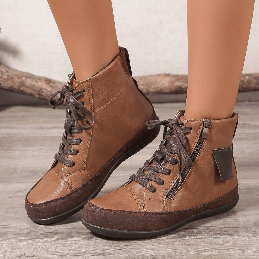 Women's Lace-Up Side-Zip Round-Toe Ankle Booties - Brown