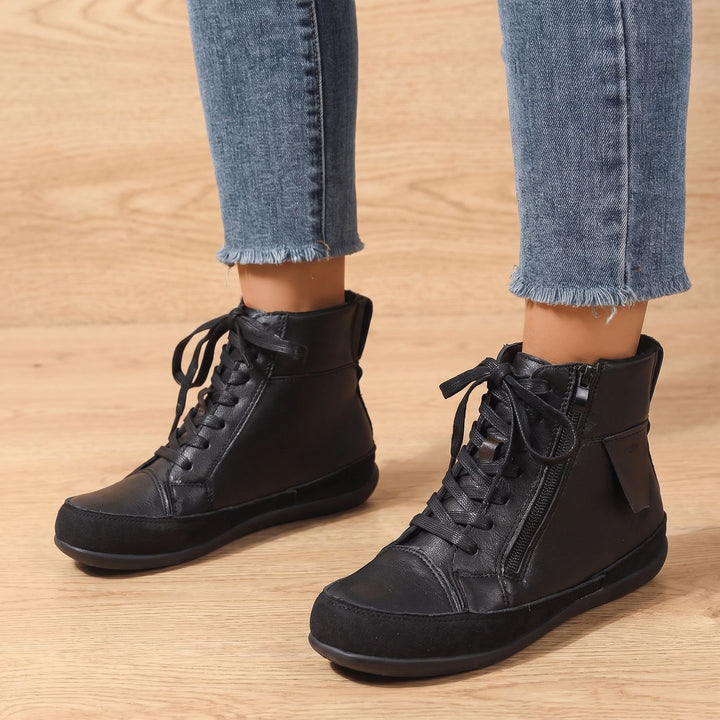 Women's Lace-Up Side-Zip Round-Toe Ankle Booties - Black