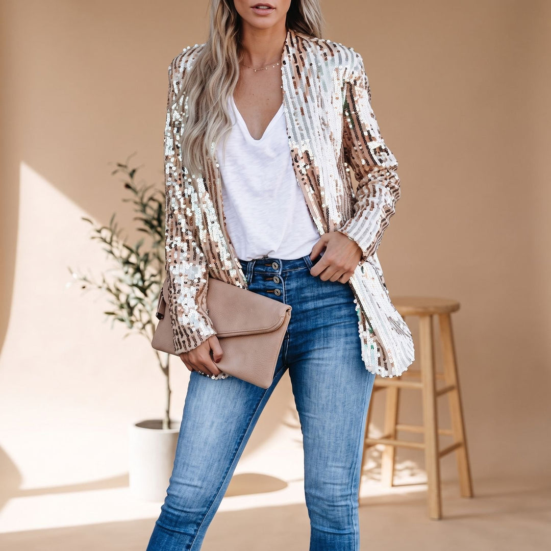 Women's Ladies Sequin Blazer Glitter Tailored Jacket - Champagne