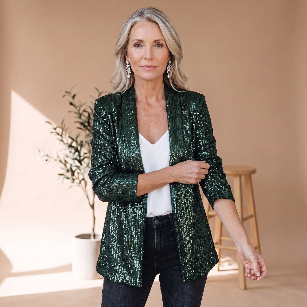 Women's Ladies Sequin Blazer Glitter Tailored Jacket - Dark Green