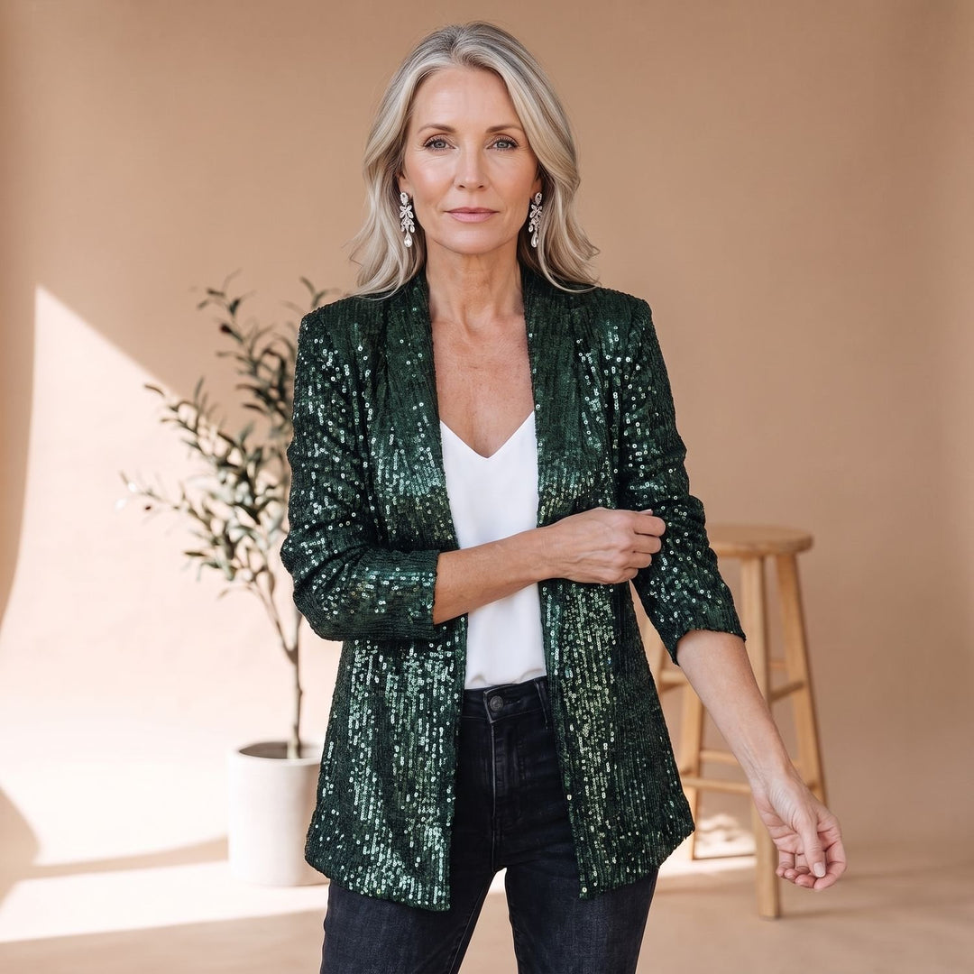 Women's Ladies Sequin Blazer Glitter Tailored Jacket - Dark Green