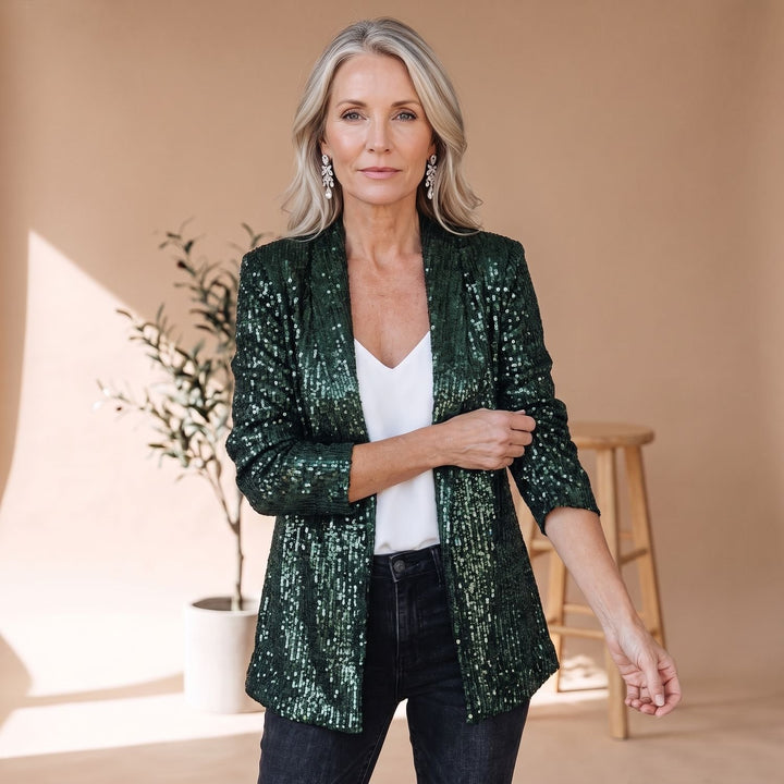 Women's Ladies Sequin Blazer Glitter Tailored Jacket - Dark Green