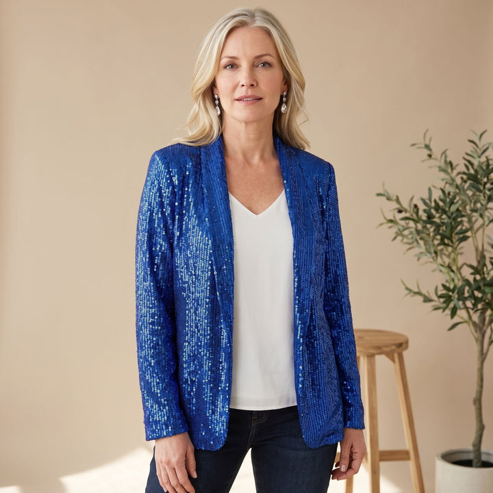 Women's Ladies Sequin Blazer Glitter Tailored Jacket - Blue