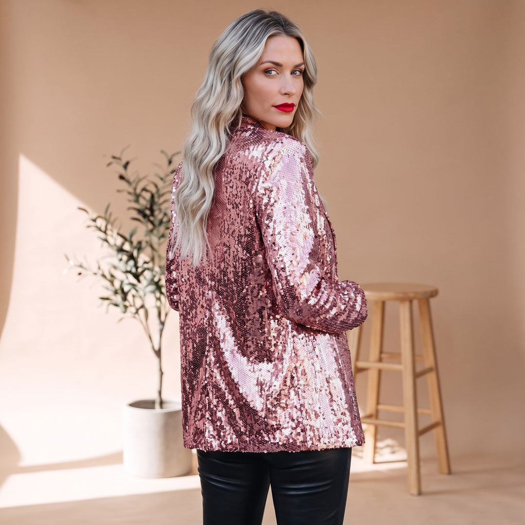 Women's Ladies Sequin Blazer Glitter Tailored Jacket - Pink
