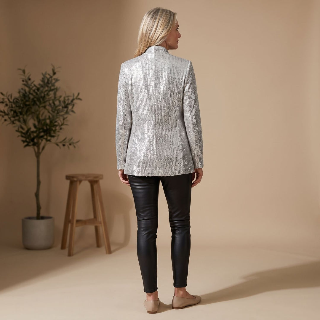 Women's Ladies Sequin Blazer Glitter Tailored Jacket - Silver