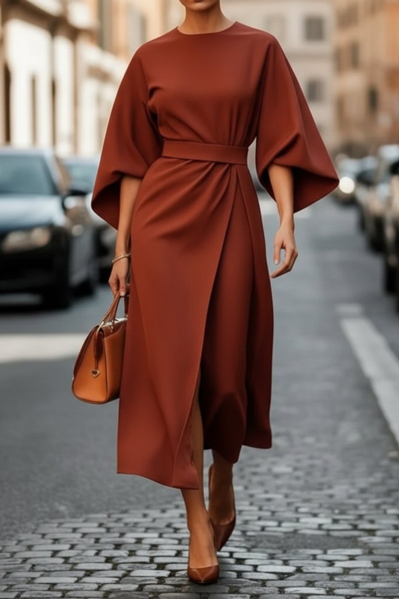 Women's Lantern-Sleeve Belted Midi Cocktail Dress - Rust Brown