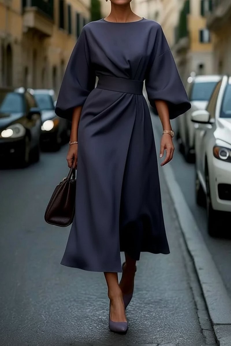 Women's Lantern-Sleeve Belted Midi Cocktail Dress - Navy Blue