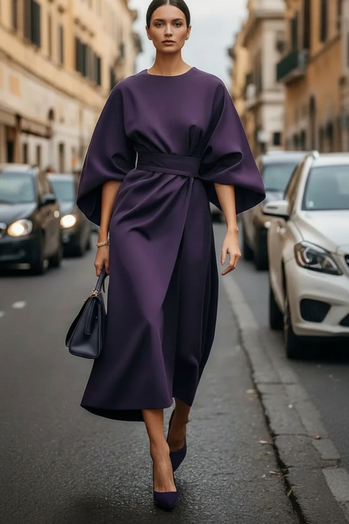 Women's Lantern-Sleeve Belted Midi Cocktail Dress