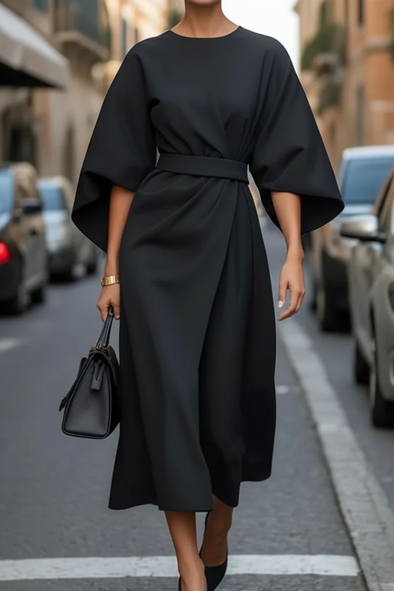 Women's Lantern-Sleeve Belted Midi Cocktail Dress - Black