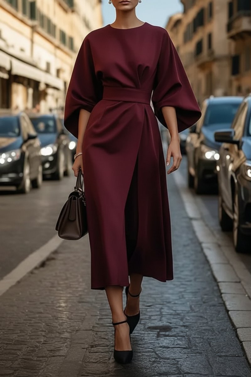 Women's Lantern-Sleeve Belted Midi Cocktail Dress - Burgundy