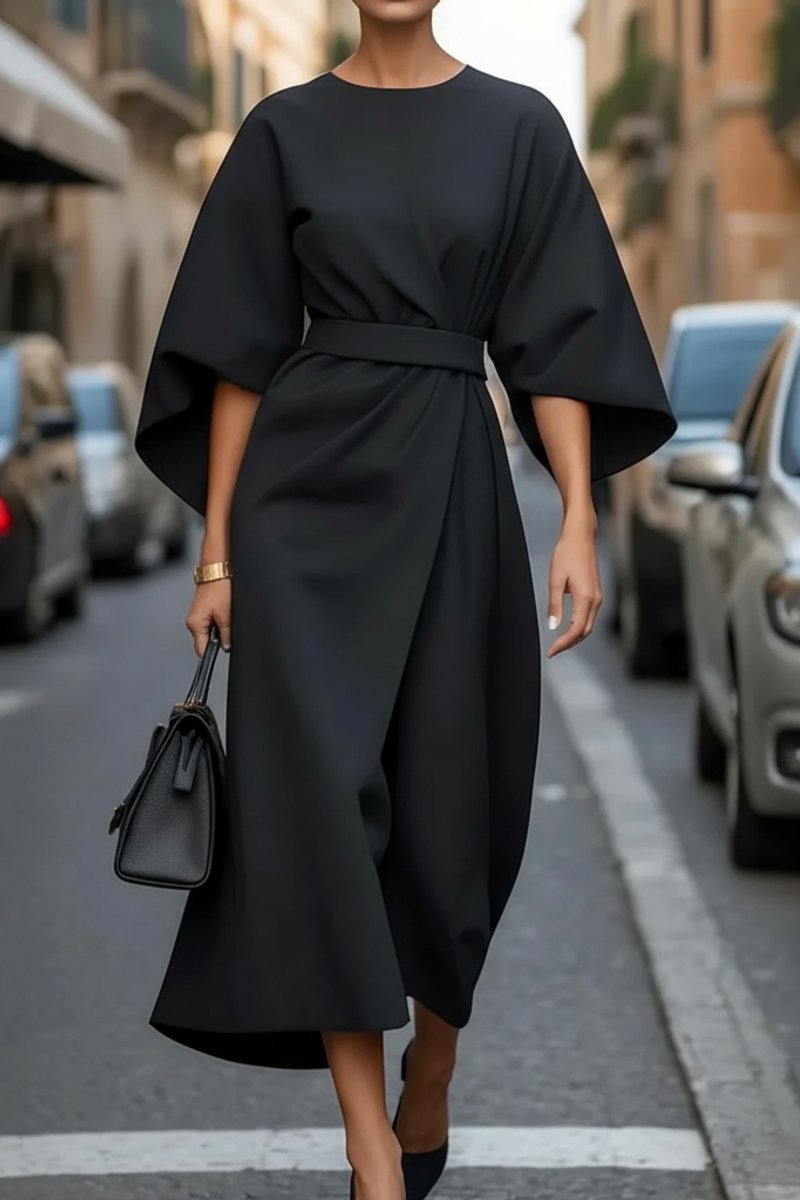 Women's Lantern-Sleeve Belted Midi Cocktail Dress