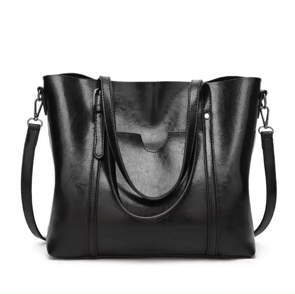 Women's Large Oil Wax Leather Shoulder Tote Bag - Black