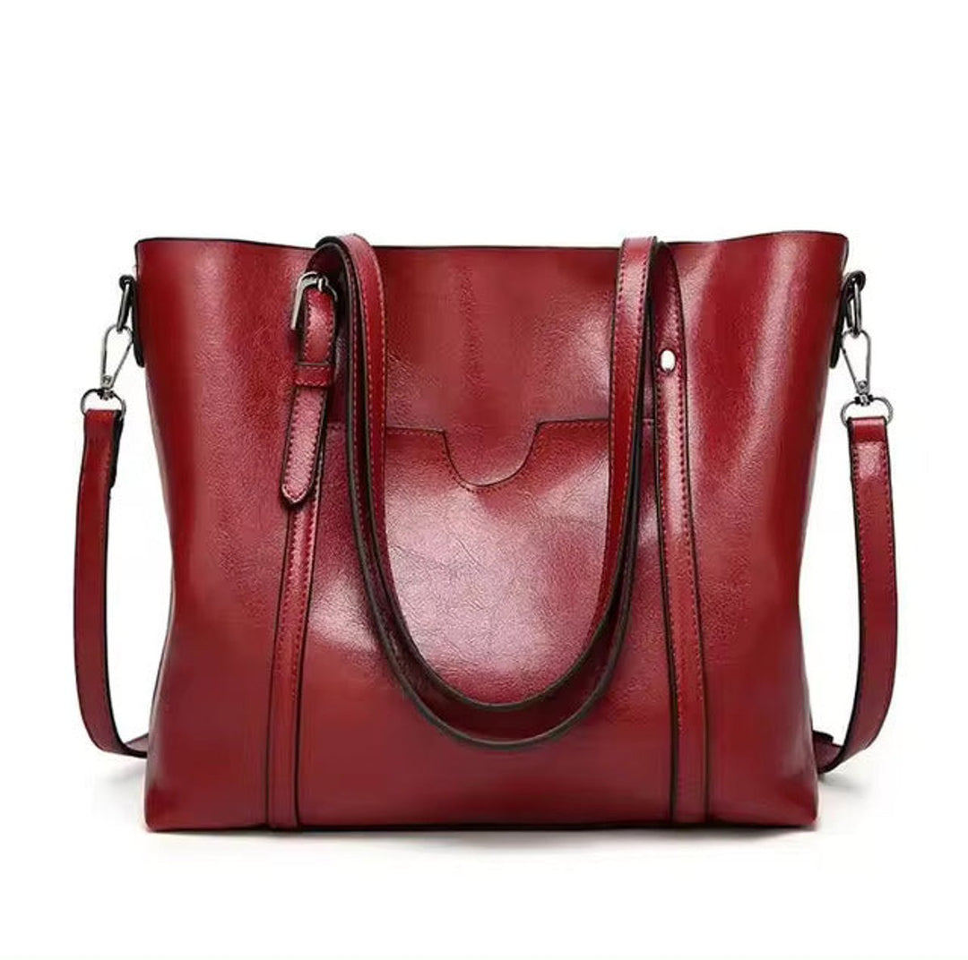 Women's Large Oil Wax Leather Shoulder Tote Bag - Red