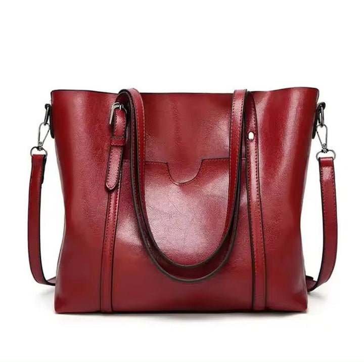 Women's Large Oil Wax Leather Shoulder Tote Bag - Red