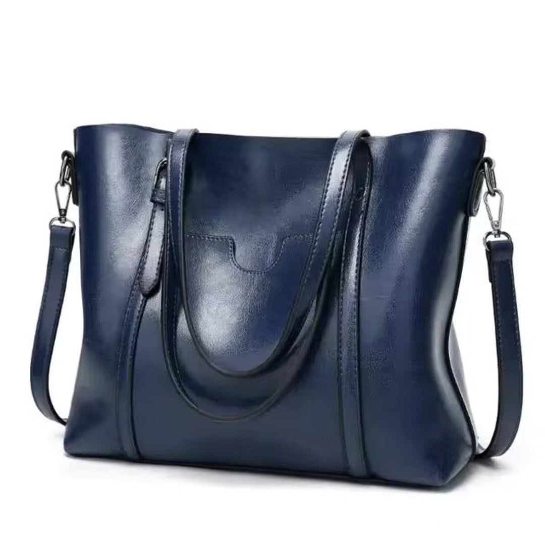 Women's Large Oil Wax Leather Shoulder Tote Bag - Blue