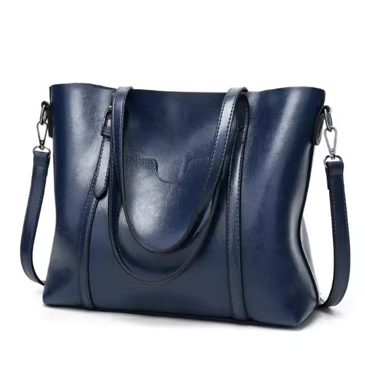 Women's Large Oil Wax Leather Shoulder Tote Bag - Blue