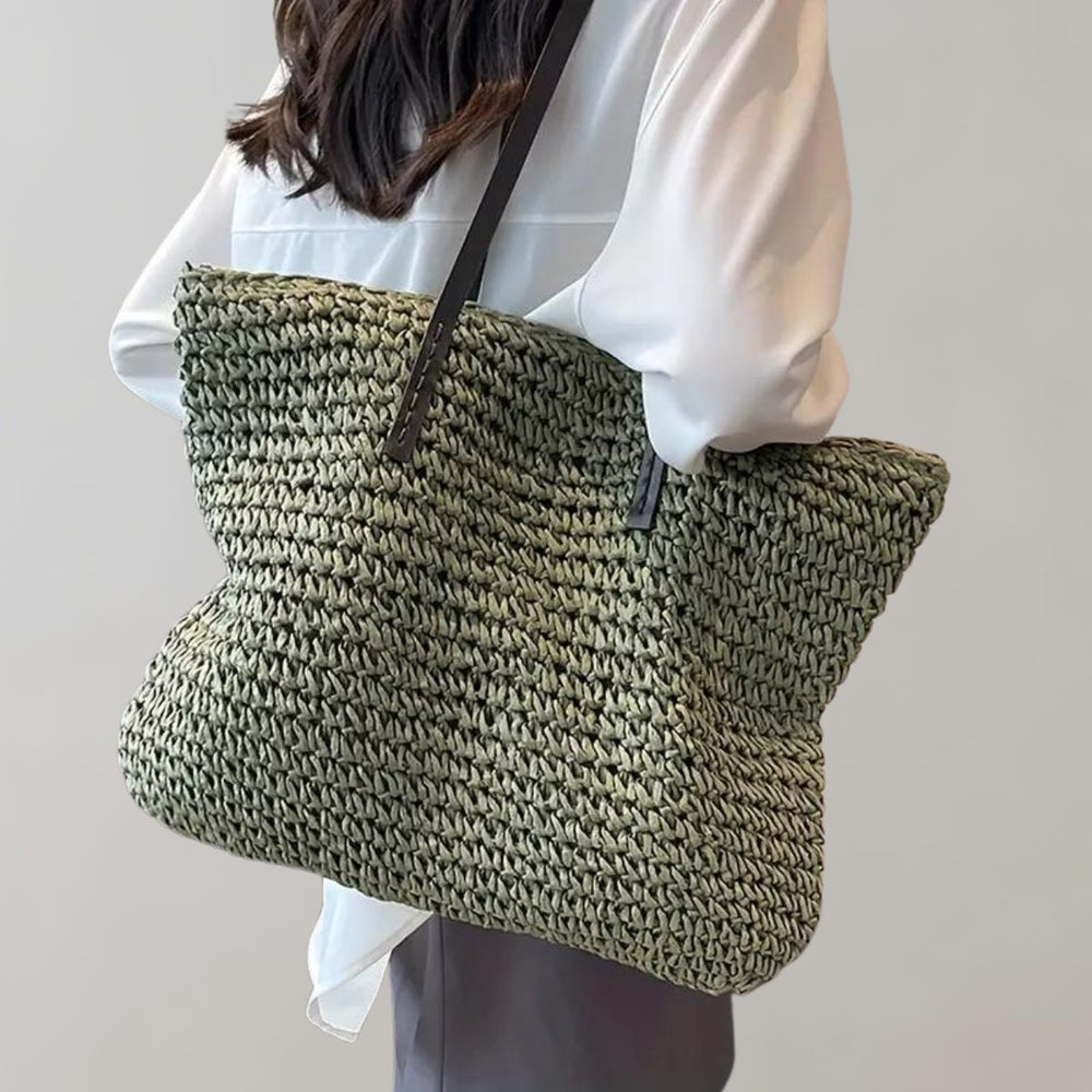 Women's Large Woven Straw Shoulder Tote Bag Bohemian Beach Style - Green