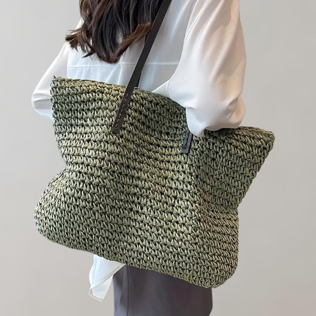 Women's Large Woven Straw Shoulder Tote Bag Bohemian Beach Style - Green