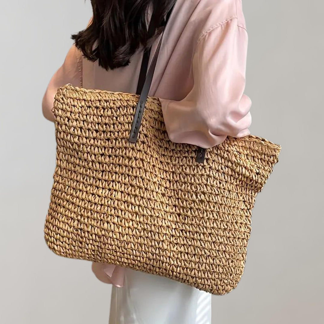 Women's Large Woven Straw Shoulder Tote Bag Bohemian Beach Style - Khaki