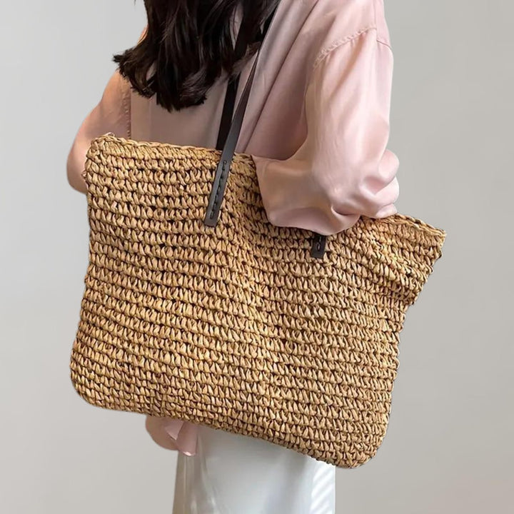 Women's Large Woven Straw Shoulder Tote Bag Bohemian Beach Style - Khaki