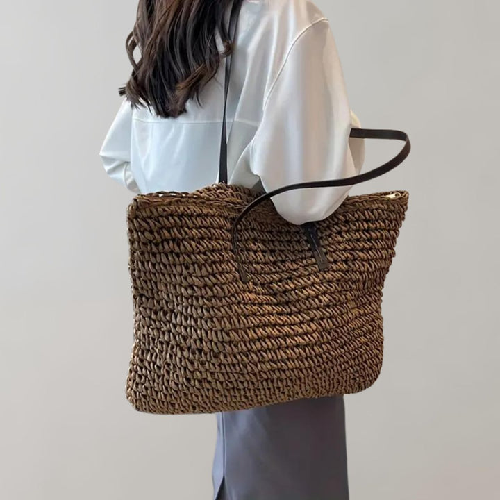 Women's Large Woven Straw Shoulder Tote Bag Bohemian Beach Style - Coffee