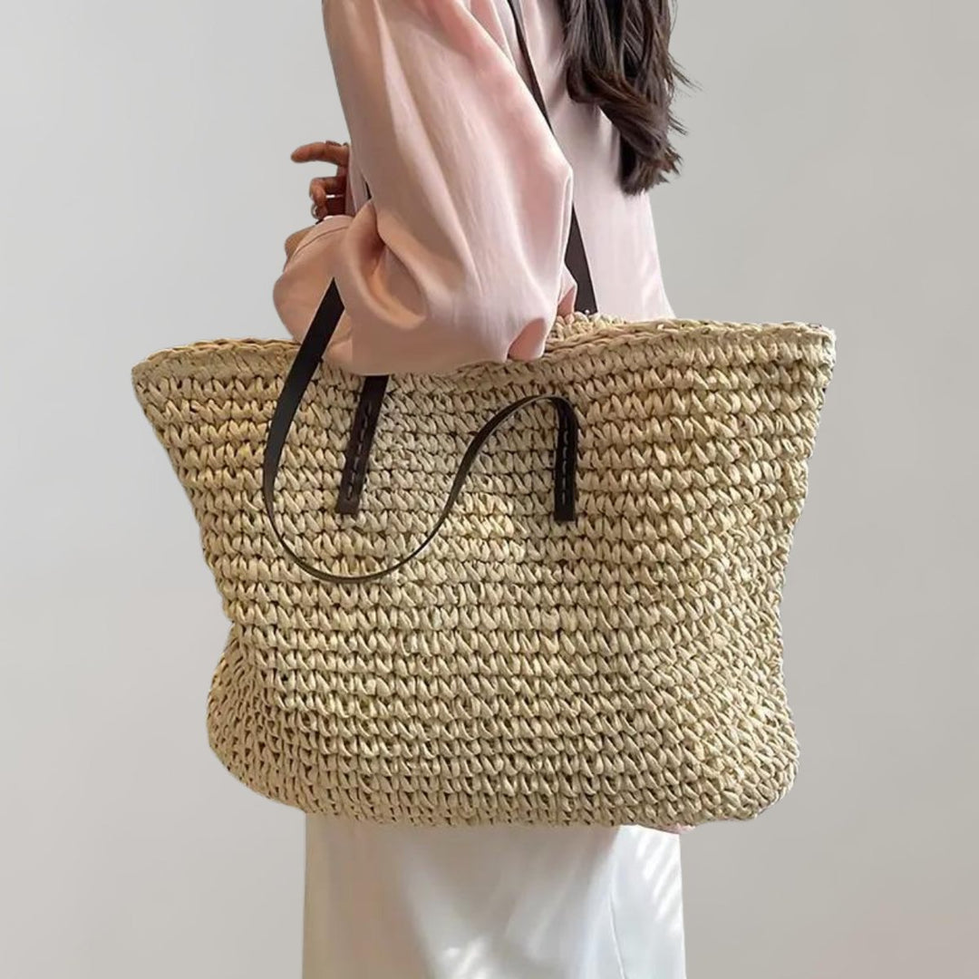 Women's Large Woven Straw Shoulder Tote Bag Bohemian Beach Style - Beige