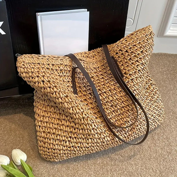 Women's Large Woven Straw Shoulder Tote Bag Bohemian Beach Style